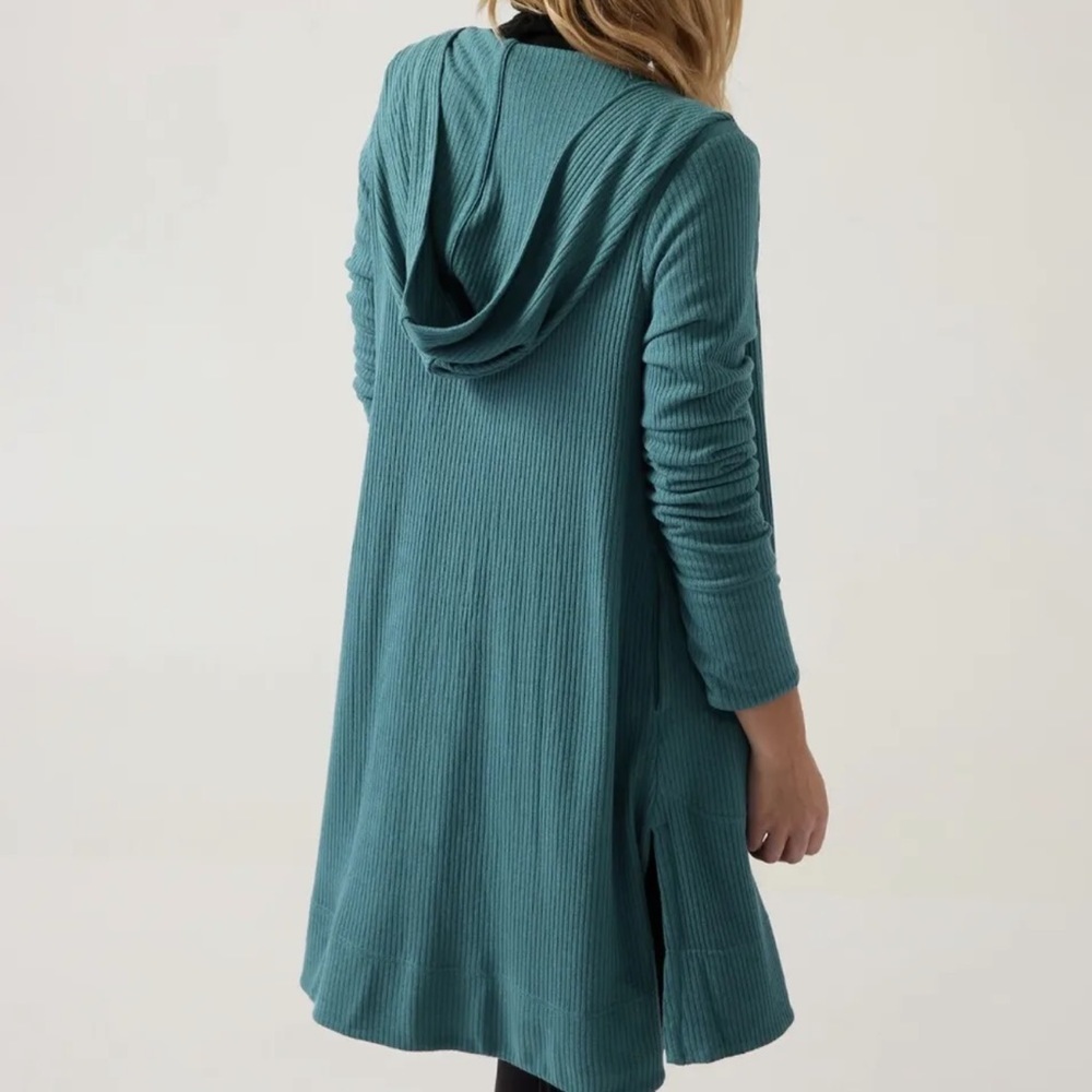 Athleta Harmony Pose Wrap Cardigan Duster Sweater Thumb Holes Hood Green